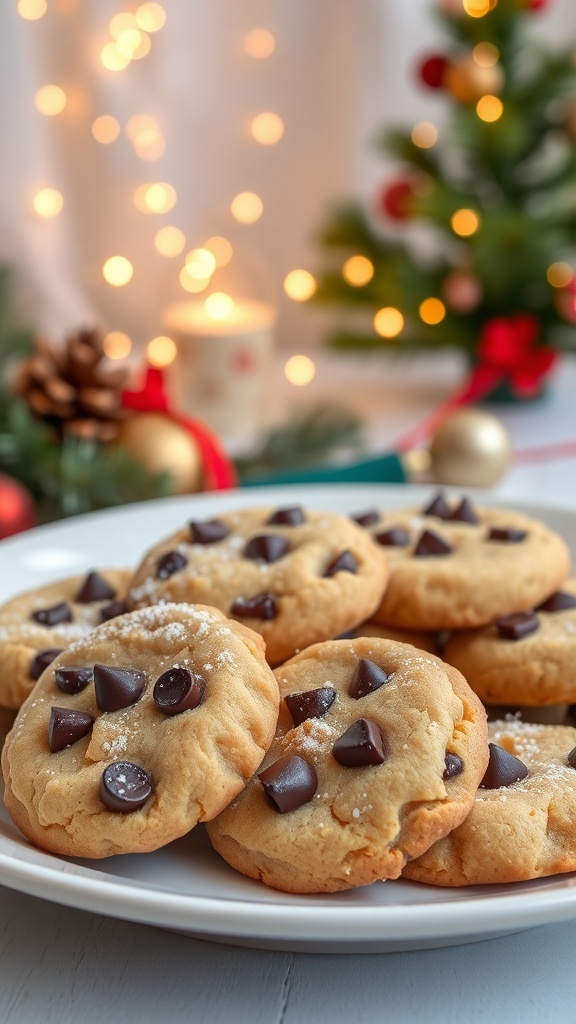 Healthy Christmas Cookie Recipe A festive plate of healthy Christmas cookies with chocolate chips and nuts, decorated for the holidays.